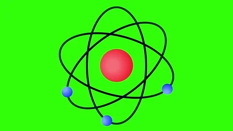 Looping 3d atom icon animation on a green screen background. Electrons revolve Stock Footage 293144786