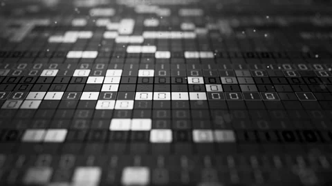 Looping 3D binary matrix with glowing black and white digits. Video stock 344163696