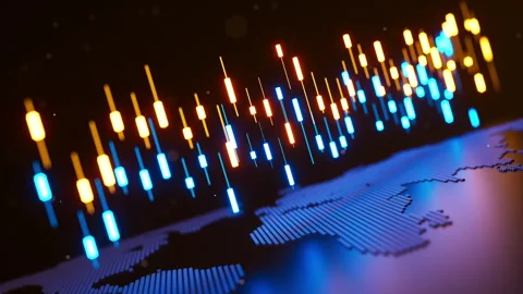 Looping 3D blue and gold candles above world map for global markets Video stock 322017453