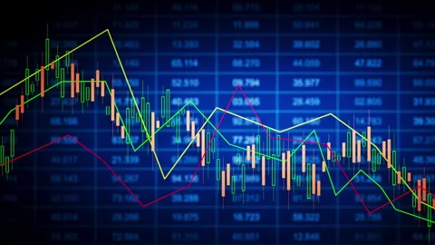 Looping 3D blue candles over market numbers with trend lines Stock Footage 328493354