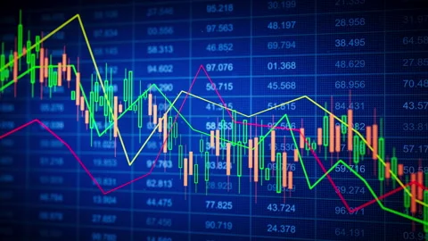 Looping 3D blue candlestick chart with trend lines and grid numbers Stock Footage 325966381