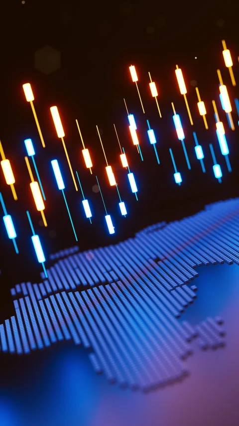 Looping 3D candlestick chart over digital world map with market motion Video stock 325965400