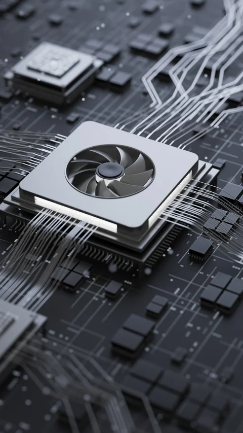 Looping 3D CPU with cooling fan on futuristic circuit board Stock Footage 341884987