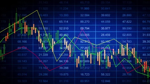Looping 3D financial candles on blue screen with layered line graphs Video stock 335579338