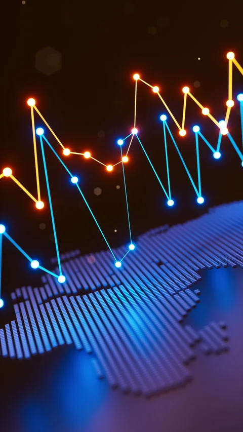 Looping 3D global graphs on world map showing trends and volatility Stock Footage 322017473