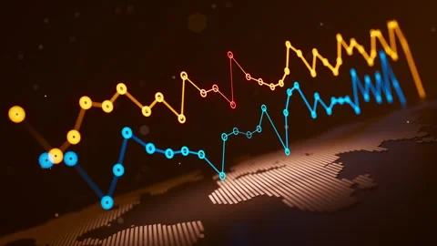 Looping 3D global line charts with glowing nodes above world map Stock Footage 325965265