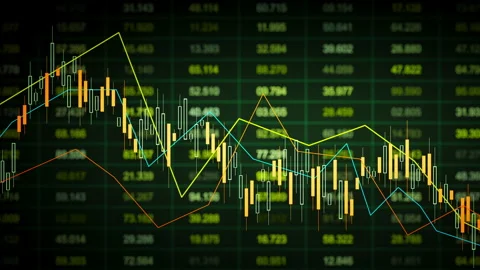Looping 3D green candlestick chart over market numbers with trend lines Stock Footage 328493388