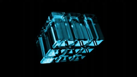 Looping 3d motion graphics. Glass iridescent cube shape with refraction Video stock 295181622