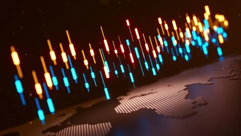 Looping 3D orange and blue candles above world map for trading Stock Footage 322911664