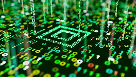 Looping 3D processor with colorful binary data streams Stock Footage 341885732