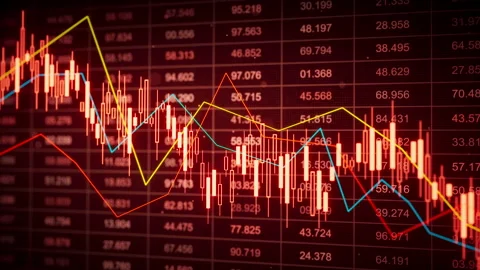 Looping 3D red candlestick chart with trend lines and grid numbers Video stock 322912553