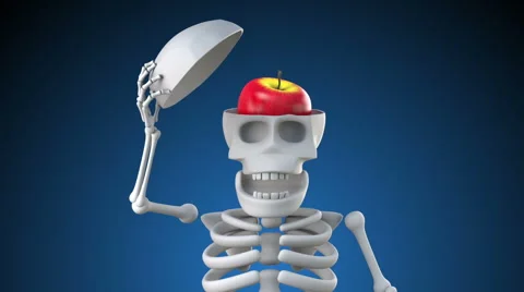 Looping 3d Skeleton lifts open its skull to reveal an apple Stock Footage 62253993