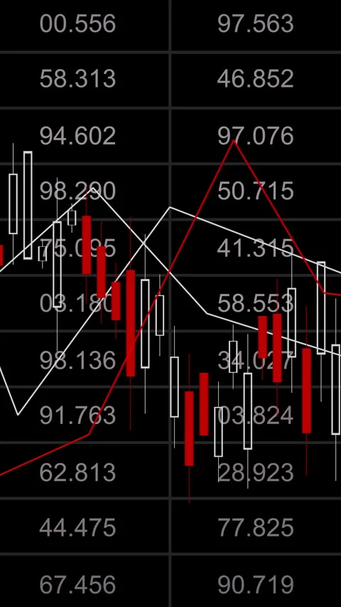 Looping 3D stock candles on dark board with red and white lines Video stock 325966444
