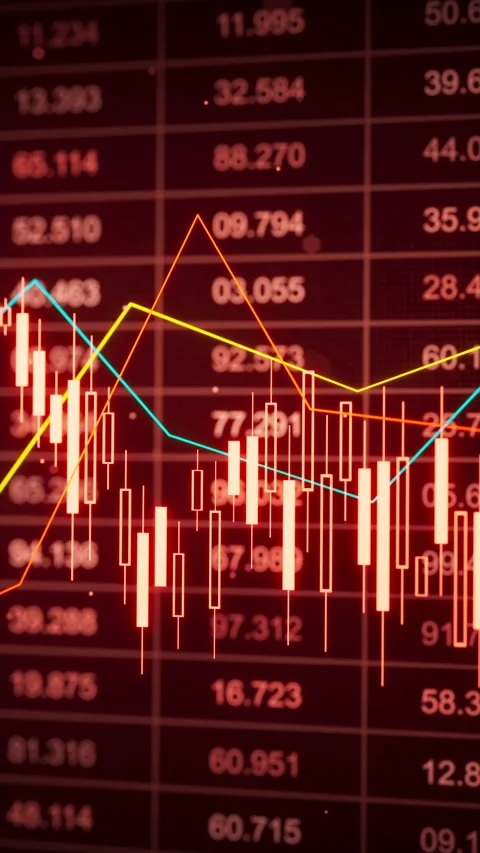 Looping 3D stock candles on red data board with moving line graphs Stock Footage 325966409