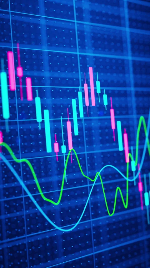 Looping 3D stock candlesticks with wave lines for volatility analysis. Stock Footage 322017855