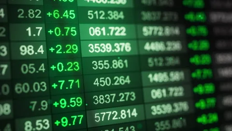 Looping 3D ticker table with green positive price changes and numbers Stock Footage 325965653