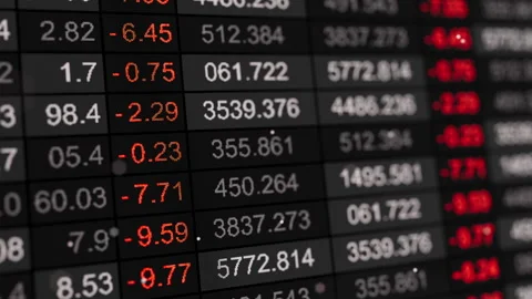 Looping 3D ticker table with orange red negative price changes Video stock 322911944