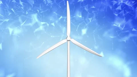 Looping 3d wind turbine generator on electric sky background Video stock 333215803