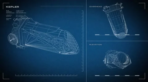 Looping, animated orthographic engineering blueprint of Kepler spacecraft.  Stock Footage 57225742