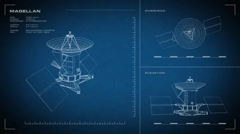 Looping, animated orthographic engineering blueprint of Magellan spacecraft.  Stock Footage 57230249