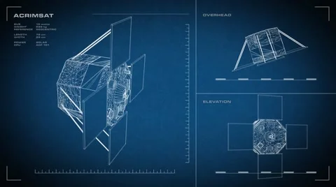 Looping, animated orthographic engineering blueprint of AcrimSat spacecraft.  Stock Footage 57235483