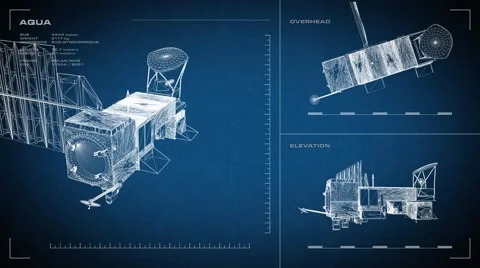 Looping, animated orthographic engineering blueprint of Aqua spacecraft. Stock Footage 57240108