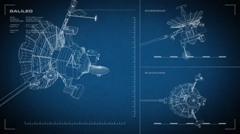 Looping, animated orthographic engineering blueprint of Galileo spacecraft.  Stock Footage 60984142
