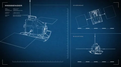 Looping, animated orthographic engineering blueprint of Messenger spacecraft.  Stock Footage 60986127