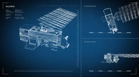 Looping, animated orthographic engineering blueprint of Aura spacecraft.  Video stock 60988187