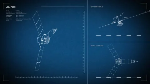 Looping, animated orthographic engineering blueprint of Juno spacecraft.  Stock Footage 61757444
