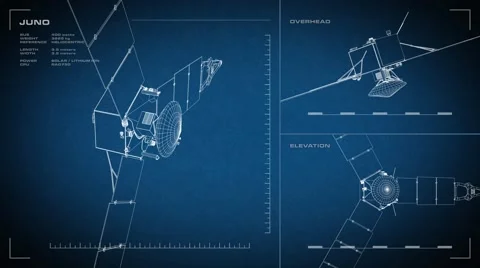 Looping, animated orthographic engineering blueprint of Juno spacecraft. Stock-Footage 65711818
