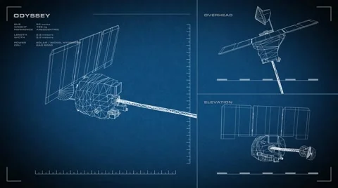 Looping, animated orthographic engineering blueprint of Odyssey spacecraft.  Stock Footage 65722186