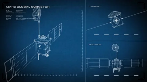 Looping, animated orthographic engineering blueprint of Surveyor spacecraft. Stock Footage 65724800