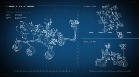 Looping, animated orthographic engineering blueprint of Curiosity Rover. Stock Footage 65730882