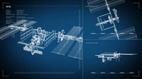Looping, animated orthographic engineering blueprint of the International Space  Stock Footage 66653608