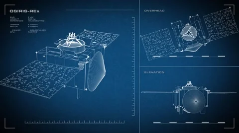 Looping, animated orthographic engineering blueprint of OSIRIS-REx spacecraft Stock-Footage 67530855