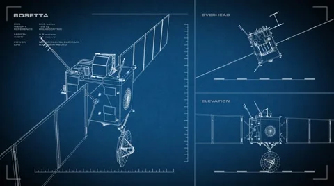 Looping, animated orthographic engineering blueprint of the Rosetta spacecraft. Video stock 68175383