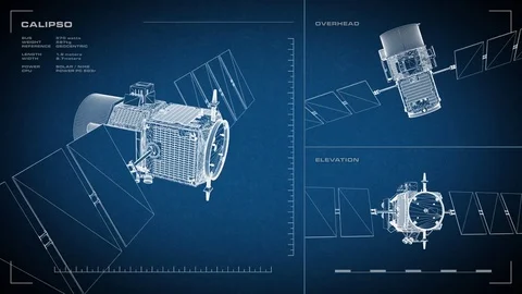 Looping, animated orthographic engineering blueprint of Calipso spacecraft. Video stock 76664057