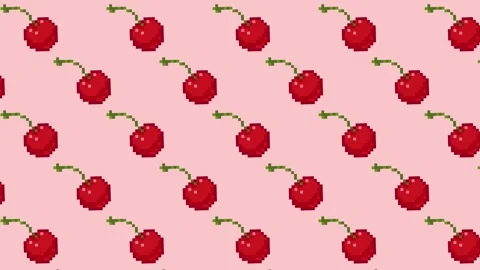 Looping animated seamless pattern of cherries in pixel art style. Cute red Stock Footage 311574836
