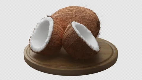 Looping animation around a composition of coconuts lying on a wooden board. Stock Footage 312576257