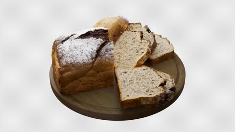 Looping animation around a composition of loaf cake lying on a wooden board. Stock Footage 310793709