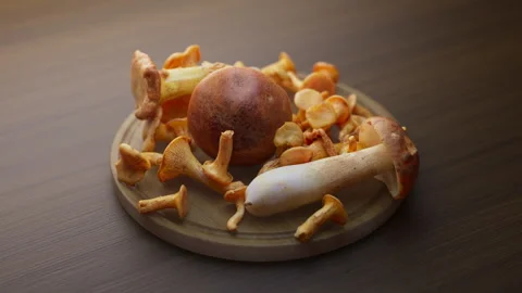 Looping animation around a composition of mushrooms lying on a wooden board. Stock Footage 314044851