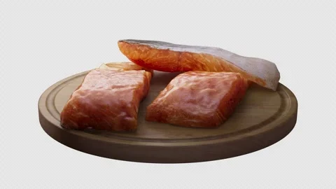 Looping animation around a composition of salmon lying on a wooden board. Stock Footage 308743125