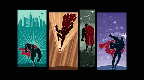 Looping animation with comic book superhero pictures. Stock Footage