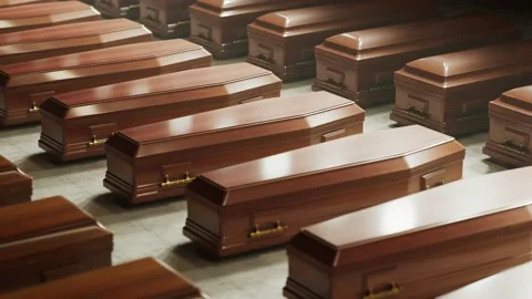 Looping animation of countless coffins standing on the floor before a funeral. 스톡 동영상 133459776