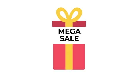 Looping animation of a gift box opening to reveal the bold MEGA SALE text, then Stock Footage 325627025