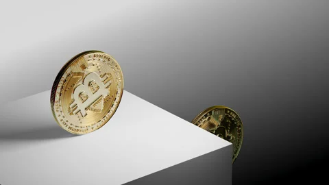 Looping animation of golden bitcoin rolling and falling down Stock Footage 328456308