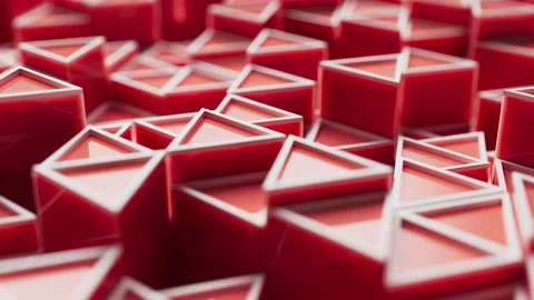 Looping animation of a group of red plastic triangular geometric shapes. Video stock 276441193