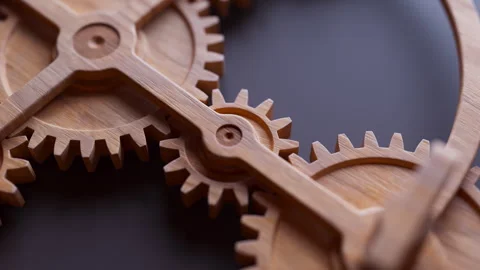 Looping animation of a mechanical construction made of wooden gears. Stock Footage 310794603