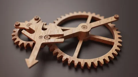 Looping animation of a mechanical construction made of wooden gears. Stock Footage 312576788